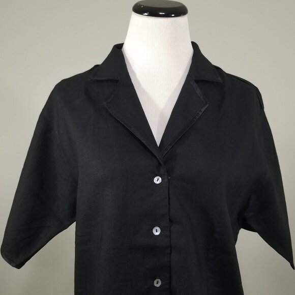 Vintage Bellagio S Black Linen Blouse Short Sleeve Top Western Yoke Satin Trim - Picture 2 of 9